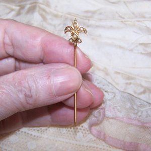Antique Edwardian 10K Gold Natural Pearl Stick Pin - French Fleur de Lis
